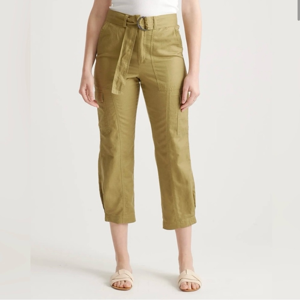Quince Organic Cotton Linen Cargo Pants Medium Army Green Cropped Neutral Casual